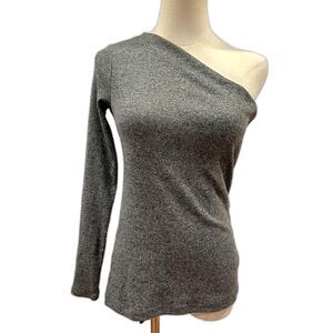H&M Grey One Sleeve Shoulder Ribbed Knit Top Long Sleeve 8 Stretch